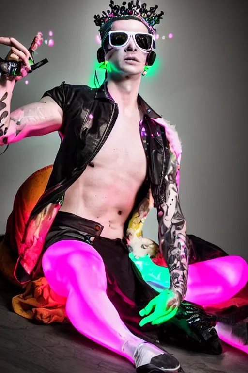 Image similar to full-body rococo and cyberpunk style neon statue of a young attractive Tanner Buchanan wearing cholo shades macho dotado e rico android sim roupa reclining con las piernas abertas e la piroca dura, ethereal white dripping tar, glowing orange lasers, pink tigers, glowing eyes, silver prince crown, black gears, pink diamonds, swirling mint-colored silk fabric. futuristic elements. full-length view. human skulls. large intricate artwork by caravaggio. Trending on artstation, octane render, cinematic lighting from the right, hyper realism, octane render, 8k, depth of field, 3D