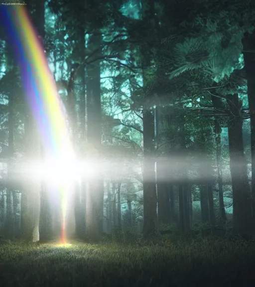 Prompt: night flashlight photography of the symmetric daydreaming of the god of sun glare, fluid dance of the blockchain big cotton sheets in the center of the air, cyberpunk forest, majestic light, octane render, beauty fog, ethereal glare of the sun, raining rainbow, volumetric lighting, hyperealistic, epic, masterpiece