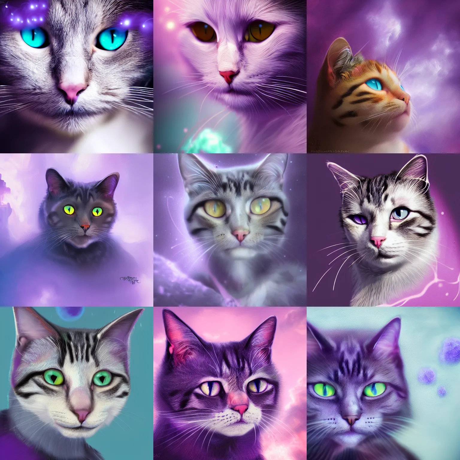 Prompt: portrait of a cat scientist. closeup. purple lighting, clouds, bloom. fantasy, digital painting, hd, 4 k, detailed.