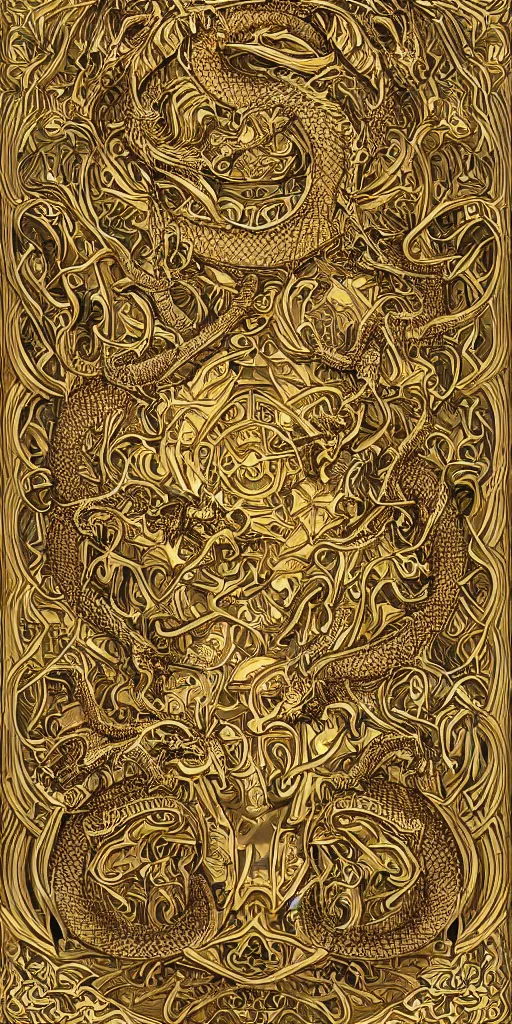 Prompt: golden paper + an intricate dragon depiction + symmetry + elaborate illustration