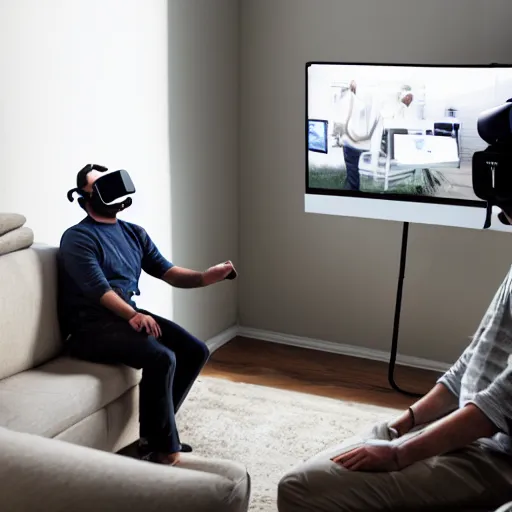 Image similar to 9 0 deg shot of a man sitting on the couch!!, watching vr in a headset!! in a darkly lit room, with a monitor behind the scene