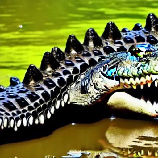 Prompt: Full body photo of a crocodile with feathers