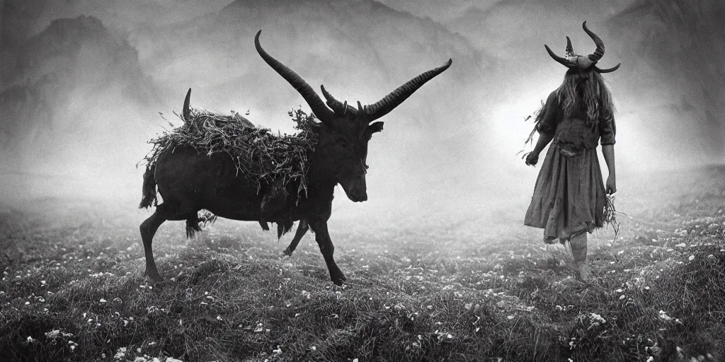 Prompt: portrait photography of flying tyrolean alpine female farmer, hovering over the ground, horns on head, roots and edelweiss growing from head, clothes made from hay, desaturated, fog, witch, wicca, 1. 2 f, 3 5 mm, dark, eerie, 1 9 2 0 s ghost photography