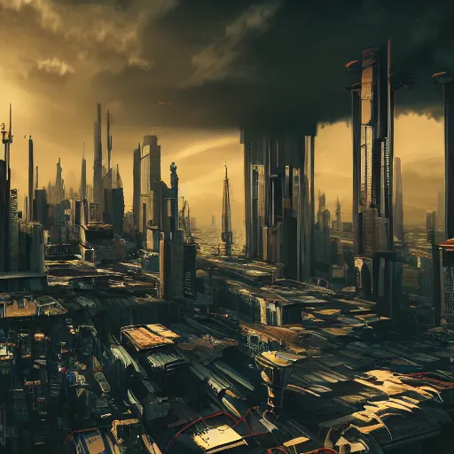 Image similar to a floating cyberpunk city in the clouds, dramatic lighting, photorealistic