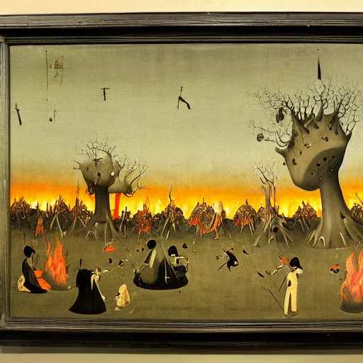 Prompt: a surreal painting by hieronymus bosch of a dark forest of small japanese bonsai trees on fire, smoke in the sky, people standing around screening and running, ominous, oil on canvas