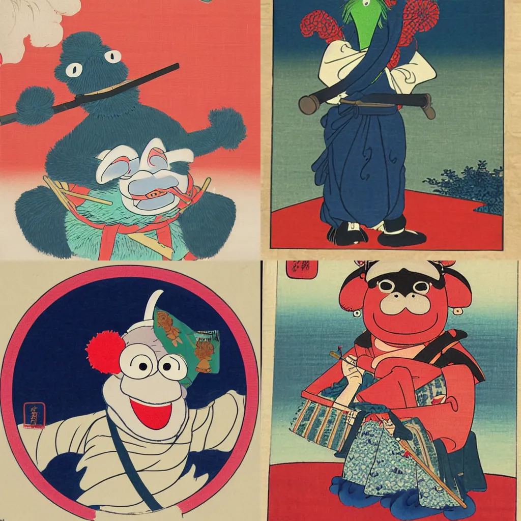 Prompt: Ukiyo-e painting of a grover muppet samurai