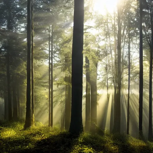 Image similar to misty forest scene, the sun shining through the trees