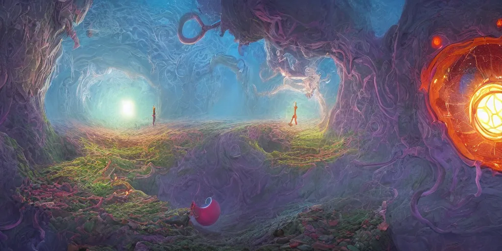 Prompt: Dr suess, Dr strange, a portal into the abyss, beautiful atmosphere, masterpiece digital painting by Gediminas Pranckevicius, Alex Gray, 4k wallpaper