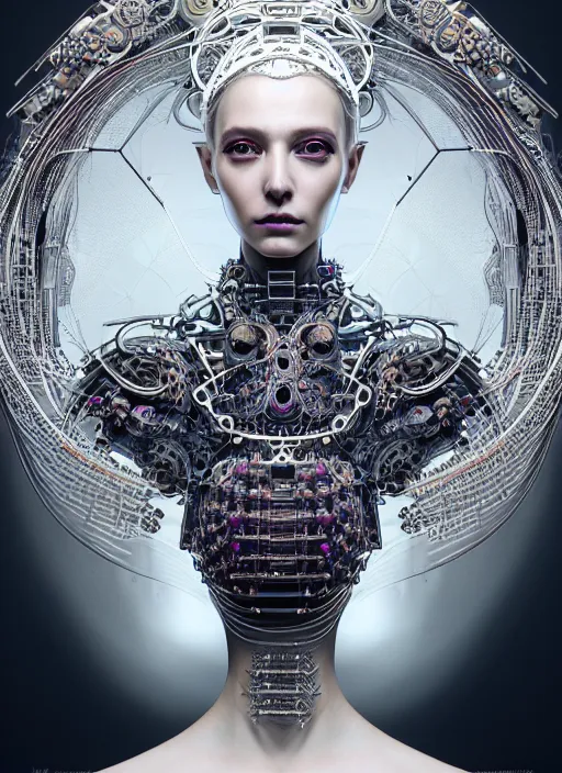 Prompt: portrait of an absurdly beautiful, graceful, sophisticated, fashionable cyberpunk mechanoid, hyperdetailed illustration by irakli nadar and vania zouravliov, matt wisniewski style, intricate linework, white porcelain skin, faberge headdress, agate spikes, unreal engine 5 highly rendered, global illumination, radiant light, detailed and intricate environment