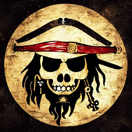 Image similar to a potrait of pirates, king of pirates, gold teeth, crazy hair, wearing armor, flag on his back, 1 6 0 0 century, jack sparrow, black beard, one piece, photo realistic, in a circle, nft style, dust, grain, scretch on picture, noise, deep focus, high detail