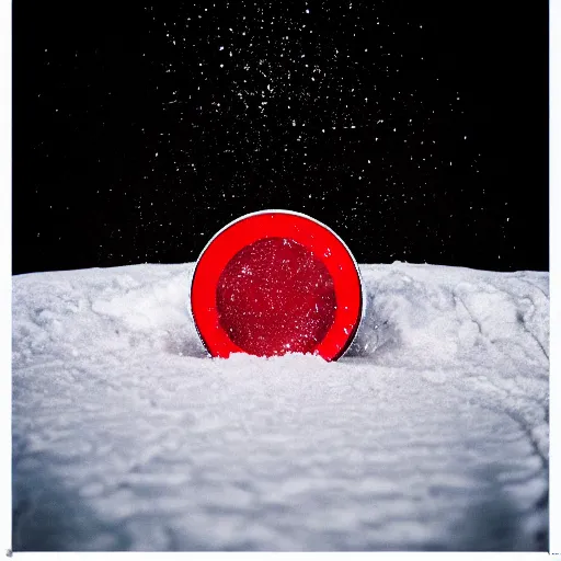 Prompt: an award - winning advertisement photo of a red musica vinyl stuck in the snow, with a snowy mountain and ice, drammatic lighting, sigma 5 0 mm, ƒ / 8, behance