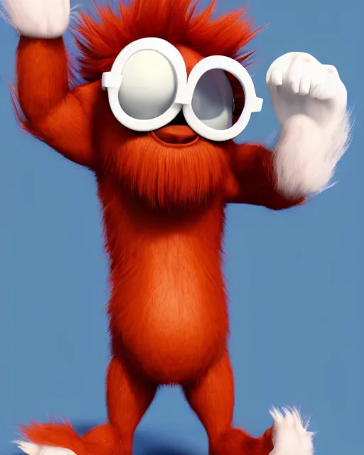 Image similar to 3 d render of completely red hairy friendly antropomorphic cartoony creature wearing white ray - ban shades, full body, simple, smiling, no nose, cute, white background, unreal engine 5 hdr