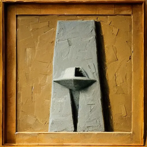 Prompt: an impasto melancholic painting by shaun tan of an abstract forgotten sculpture by the caretaker and ivan seal