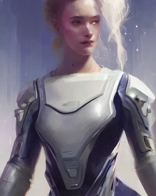 Prompt: girl wearing futuristic space armor walking on a street in prague, official art, by charlie bowater, by jeremy lipking, realistic expressive digital art, gorgeous attractive face, cgscociety