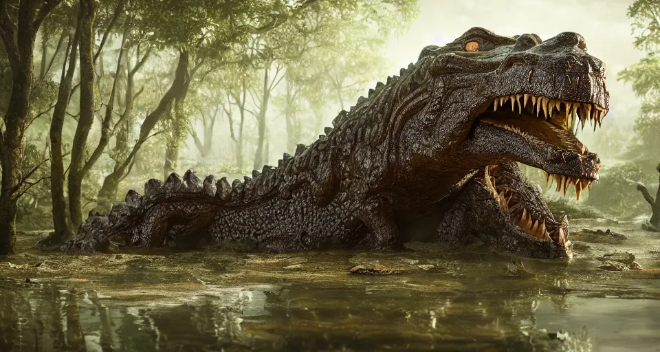 Prompt: A colossal crocodile god emerging from a swamp. Tiny villagers stand in awe. Slimy tendrils dangle. cinematic shot, intricate, ornate, photorealistic, ultra detailed, 100mm, photography, octane, high definition, depth of field, bokeh, 8k, behance, artstation