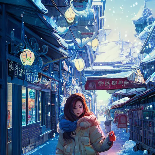 Prompt: the portrait a beautiful grocery young asia woman in down jacket, the background is a grocery store, winter, illustration by kim jung gi, irakli nadar, intricate linework, bright colors, octopath traveler, wenjun lin, unreal engine 5 highly rendered, global illumination, radiant light, detailed and intricate environment