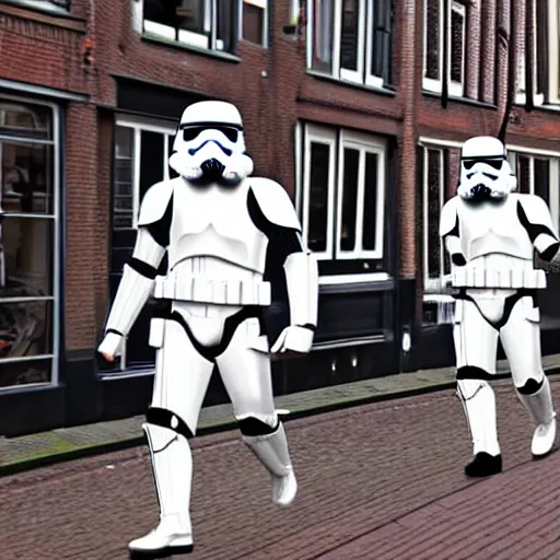 Image similar to stormtroopers walking in amsterdam, digital art