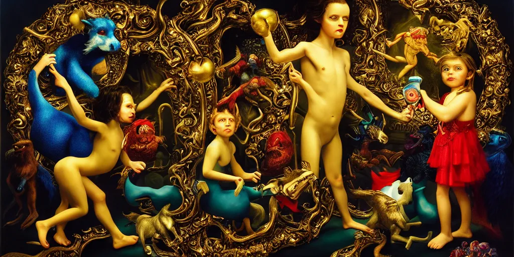 Prompt: the three imaginary fates pleasure dream adventure imaginary mythical animals love abstract oil painting by gottfried helnwein pablo amaringo raqib shaw zeiss lens sharp focus high contrast chiaroscuro gold complex intricate bejeweled