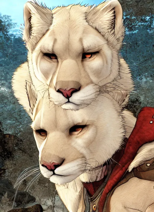 Prompt: character portrait of a albino mountain lion wearing miner's clothes. hidari, color page, tankoban, 4K, tone mapping, Akihiko Yoshida.