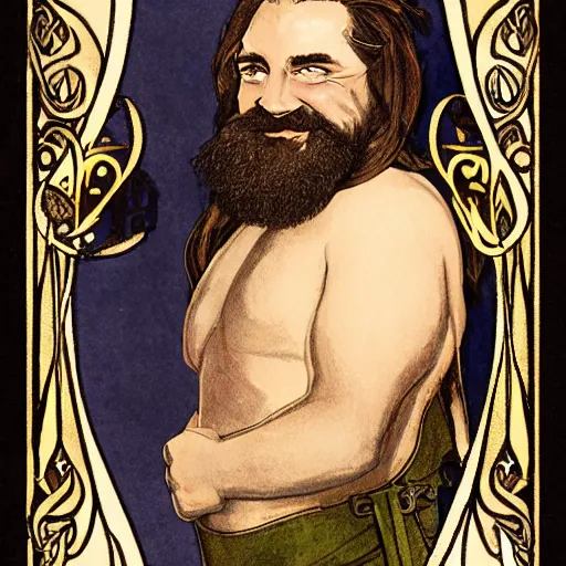 Image similar to art nouveau portrait of tom kenny as a dwarven barbarian with full luscious groomed beard, long flowing hair, a cheeky smile, gold filigree, mucha