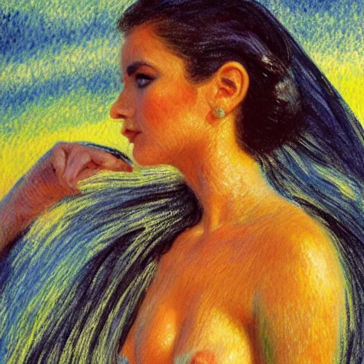 Image similar to filmstill, over the shoulder sketch photography of beautiful female body covered with swirling black translucent blanket blowing in wind, acrylic liquid colors, luxurious supermodel photoshooting, golden jewelry, bokeh, godrays, strong wind, wrinkles, sunrays, sunset, lens flares, monet, renoir, cold colors, concept art, sand dunes, sand dust, melting victorian statue