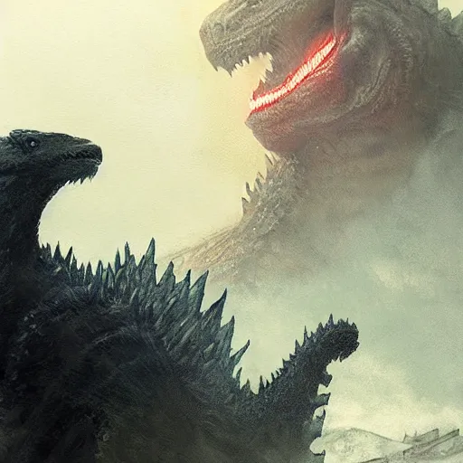 Image similar to front portrait of godzilla 2 0 1 4 by greg rutkowski, movie art