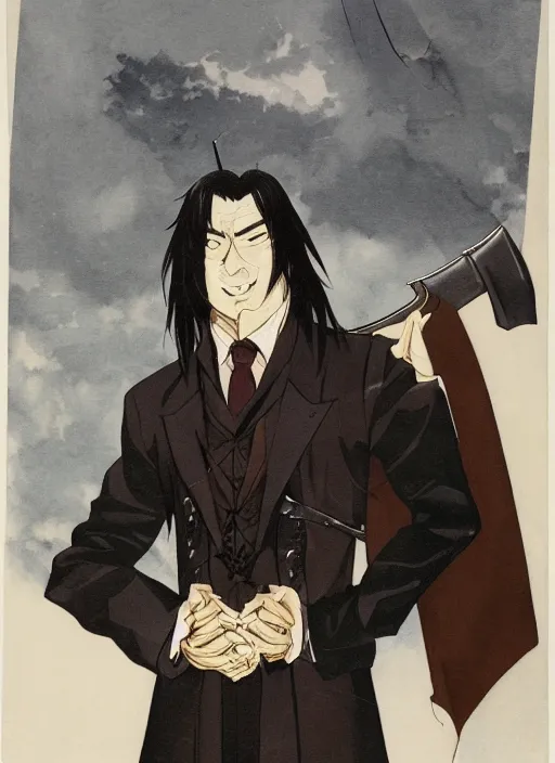 Image similar to half - body character portrait by tatsuki fujimoto of a handsome male vampire, sword holster, long black hair, light brown coat