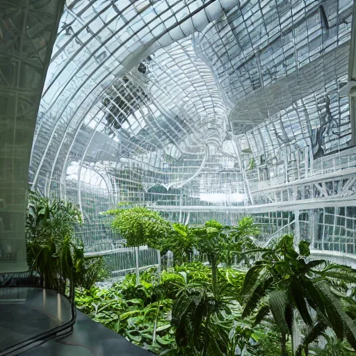 Image similar to stunning indoor jungle inside epic high technology biodome designed by zaha hadid, ultra detailed, highest quality