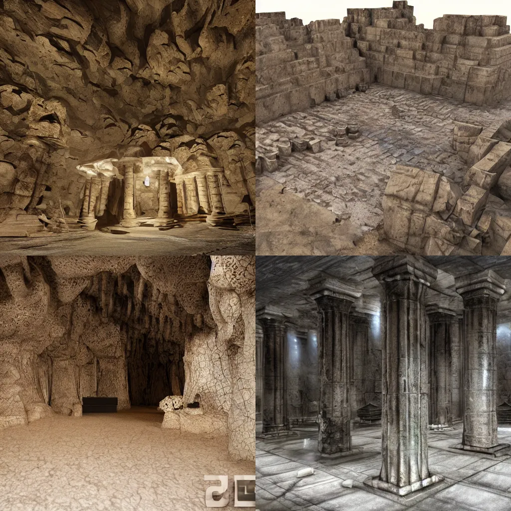 Prompt: underground temple, dark rocks, shadows, volumetric light from above, greek columns, dark, horror, huge cave, torch lights, octane render, HDR, super detailed