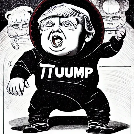 Prompt: chubby baby donald trump, high details, bold line art, by vincent di fate and joe fenton, inking, etching, screen print, masterpiece, trending on artstation, sharp, high contrast, hyper - detailed, hd, 4 k, 8 k