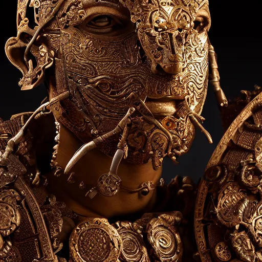 Prompt: an intricate photography portrait of a enigmatic terracota warrior soldier made of obsidian carving metal in a golden desert, extremely detailed, ornate, biomechanical, by wlop by jungyeonmin, james jean jhonseru jsezz, greg rutkowski, lens orbs, global illumination, japandi, hyperreal, micro details