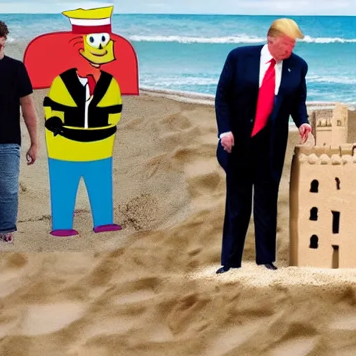 Image similar to Donald Trump at the beach making a sand castle with SpongeBob squarepants