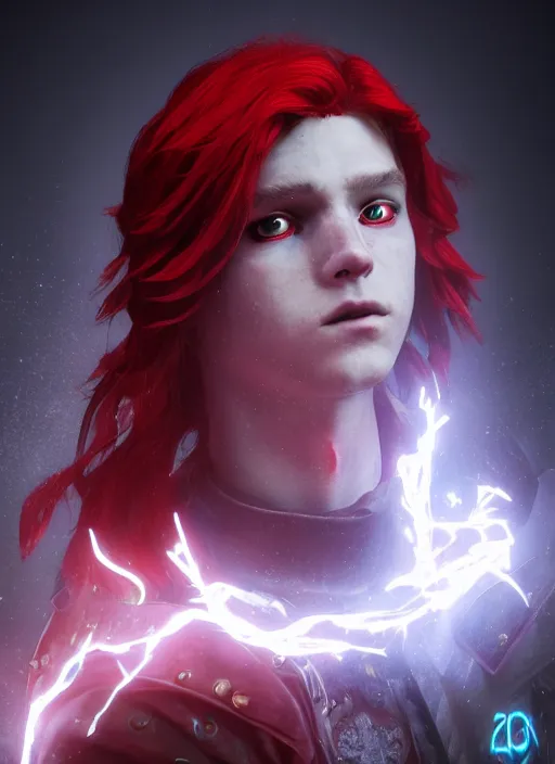 Prompt: An epic fantasy comic book style portrait painting of a young fairy boy with red wings, pointy red hair, white glowing eyes, red long hair red coat. Unreal 5, DAZ, hyperrealistic, octane render, cosplay, RPG portrait, dynamic lighting