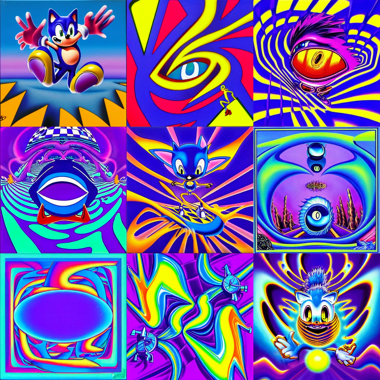 Prompt: surreal, sharp, lowbrow, detailed professional, high quality airbrush art MGMT album cover of a liquid dissolving LSD DMT blue sonic the hedgehog falling through a mirror ocean, purple checkerboard background, 1990s 1992 acid house techno Sega Genesis video game album cover