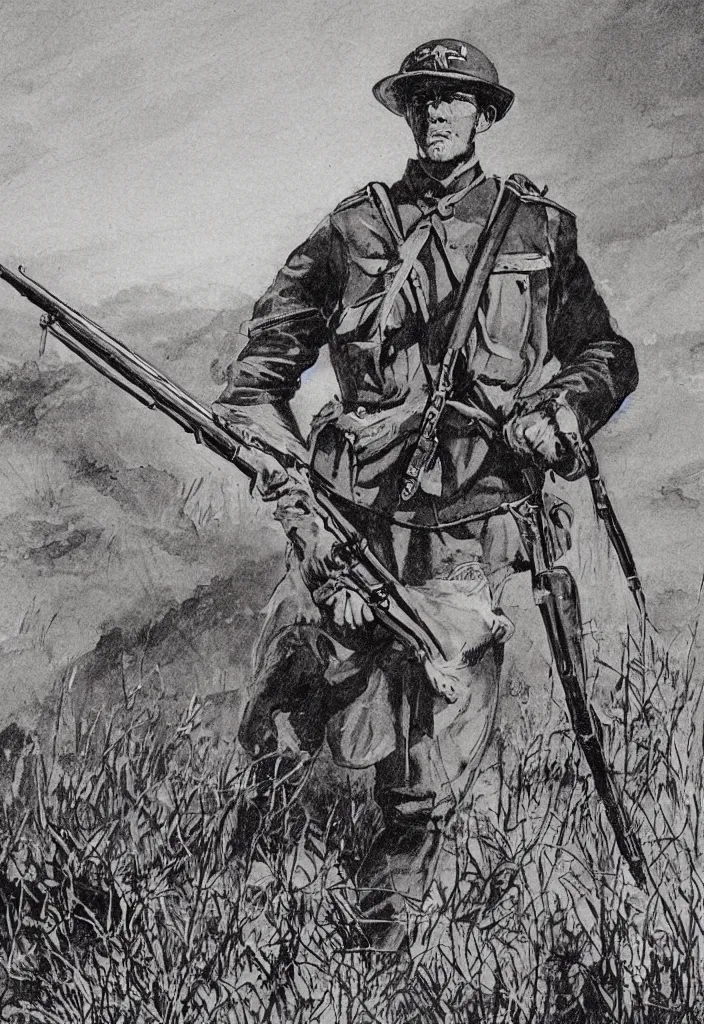 Image similar to comic book of a boer soldier in the south-african veld holding a rifle during the anglo-boer war. 50s comic book illustration. evening light, dramatic, warm, dynamic composition