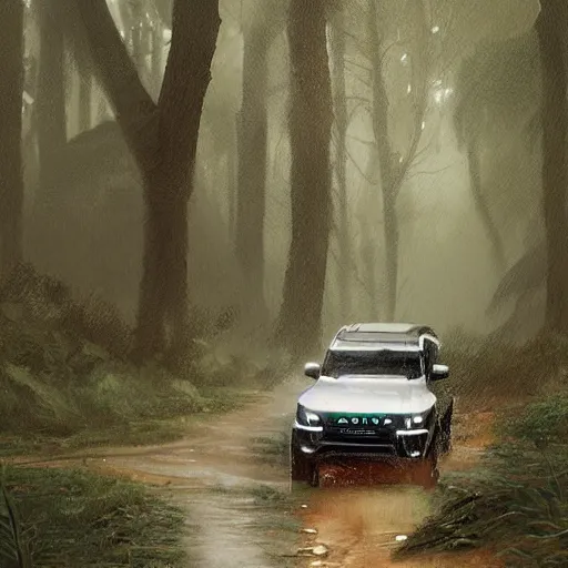 Image similar to a landrover crossing a forest path while its raining, digital art, artstation, photgraphy, highly detailed, digital painting, artstation, concept art, sharp focus, illustration, art by greg rutkowski and artgerm