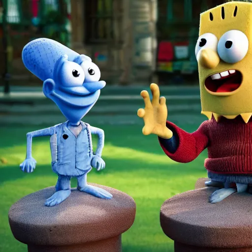 Prompt: sponch bob and harry potter soon business handshake, they're all statues, octane render, 8 k, highly detailed, hyper - realistic.