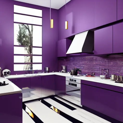 Prompt: Full modern kitchen, purple furniture, star wallpaper, digital Painting, ultradetailed, artstation, oil Painting, ultradetailed, artstation