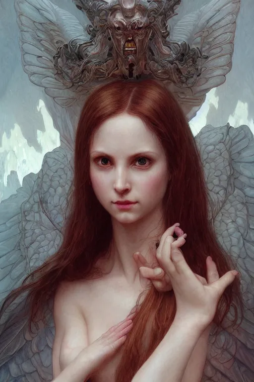 Image similar to Portrait of beautiful pale demonic angelic girl warhammer 40000, cinematic lighting, intricate, elegant, highly detailed, digital painting, artstation, smooth, sharp focus, illustration, art by artgerm and greg rutkowski and zdislav beksinski and alphonse mucha and Wayne Barlowe and william-adolphe bouguereau