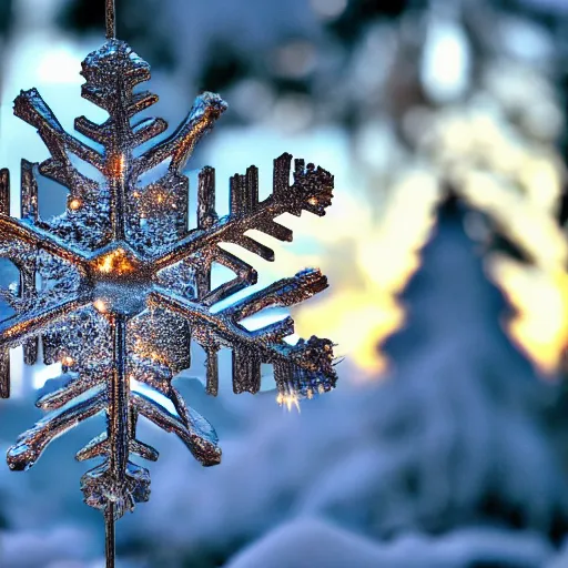 Prompt: snowflake in front of pinetree forrest, realistic, golden hour, hdr lights