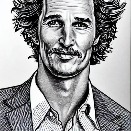 Image similar to a portrait drawing of Mathew McConaughey drawn by Robert Crumb