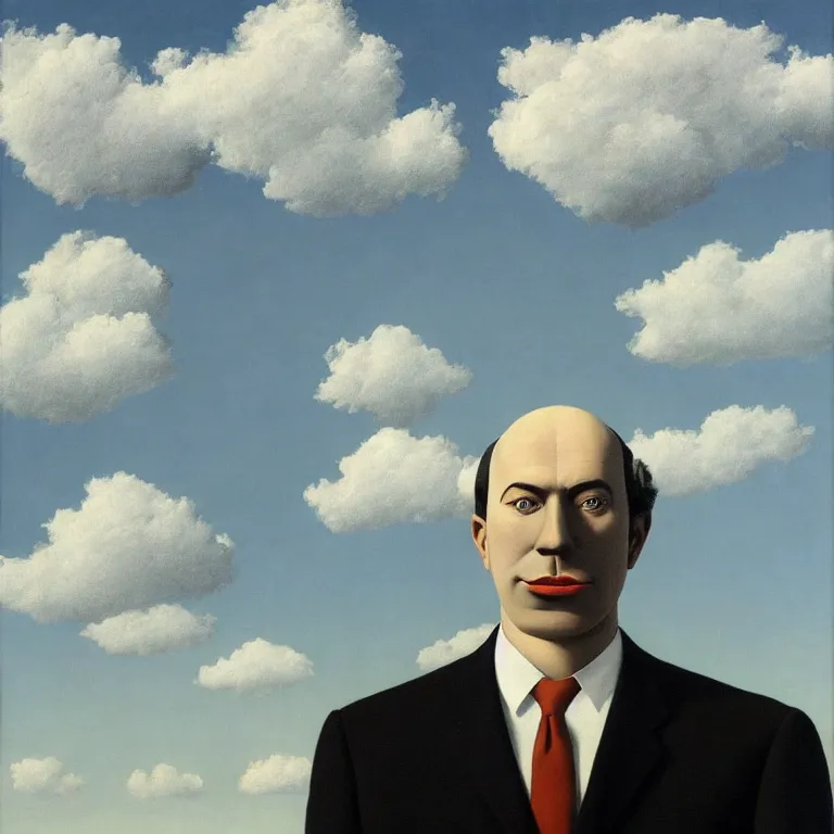 Image similar to portrait of a faceless shadow - head man in a suit, clouds in the background, by rene magritte, detailed painting, distance, middle centered, hd, hq, high resolution, high detail, 4 k, 8 k