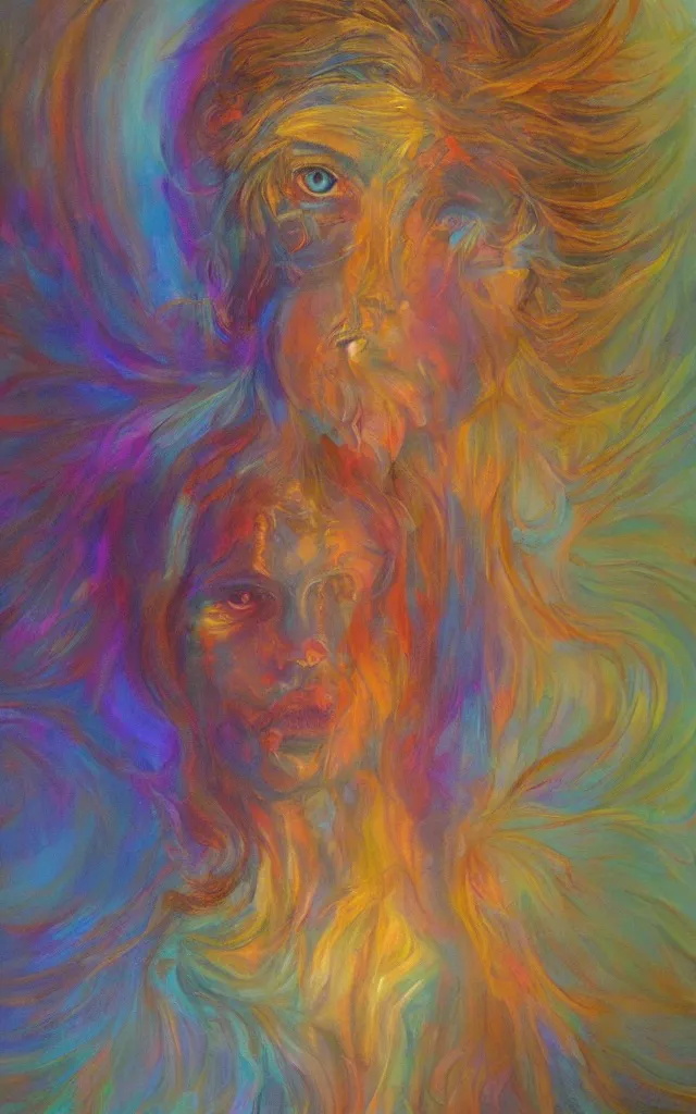 Image similar to iridescent spirit of desire and fear cruel beautiful spirit (androgynous) with golden eyes lunar mythos ambient fog, award winning oil painting, distinct color palette