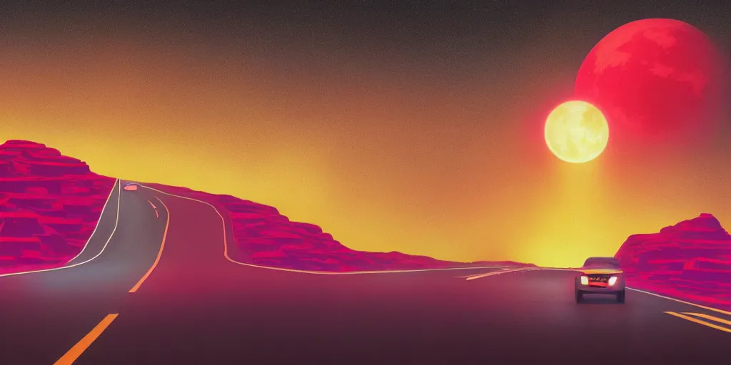 Prompt: a painting of a road with a red moon in the background, a matte painting by beeple, behance contest winner, space art, outrun, synthwave, retrowave