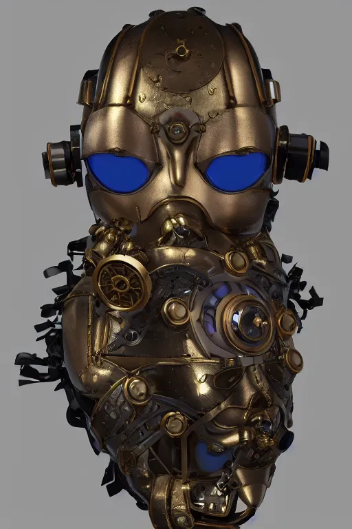 Image similar to steampunk mask minimalist fantasy art robot ninja helmet, global illumination ray tracing hdr fanart arstation by sung choi and eric pfeiffer and gabriel garza and casper konefal radiating a glowing aura