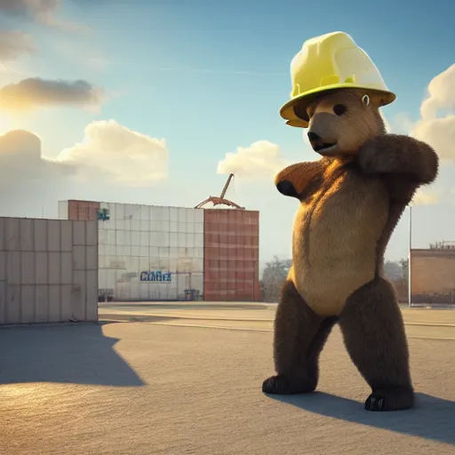 Image similar to dancing bear wearing a hardhat lit by sunlight, comical, hyperrealist octane lighting, trending on artstationhq and cgsociety