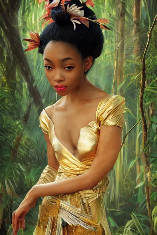 Image similar to stunningly beautiful, nubian geisha prima ballerina in jungle, symmetrical face, golden hour, smooth, focus, highly detailed, hyper realistic, dramatic lighting, elegant, intricate, concept art, art by wlop, mars ravelo, greg rutowski, artstation