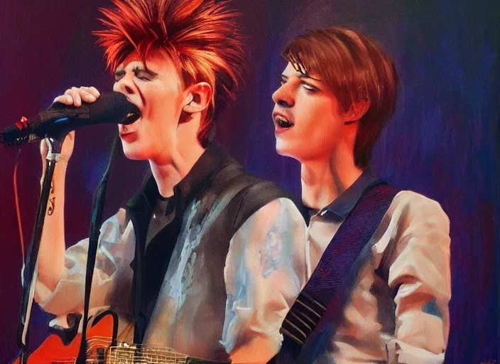 Prompt: Declan Mckenna singing as David Bowie, concept art oil painting by Jama Jurabaev, extremely detailed, brush hard, artstation