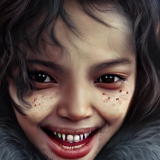 Prompt: a brown skinned asian vampire girl, child, freckles, evil smile, fangs, messy curly hair, embers intricate and very beautiful and elegant, highly detailed, digital painting, artstation, concept art, smooth and sharp focus, cg by tian zi and wlop