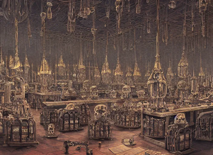 Prompt: A detailed matte painting of a massive laboratory interior with skulls and eyes in jars, massive orante chandeliers from the ceiling by Jean Giraud, trending on Artstation, detailed, hyper-realistic